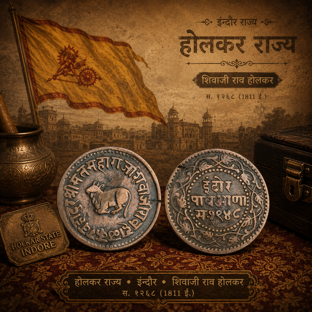 Indore State Shivaji Rao Holkar Copper ¼ Anna (Pav Anna) Bull Facing Left (1)