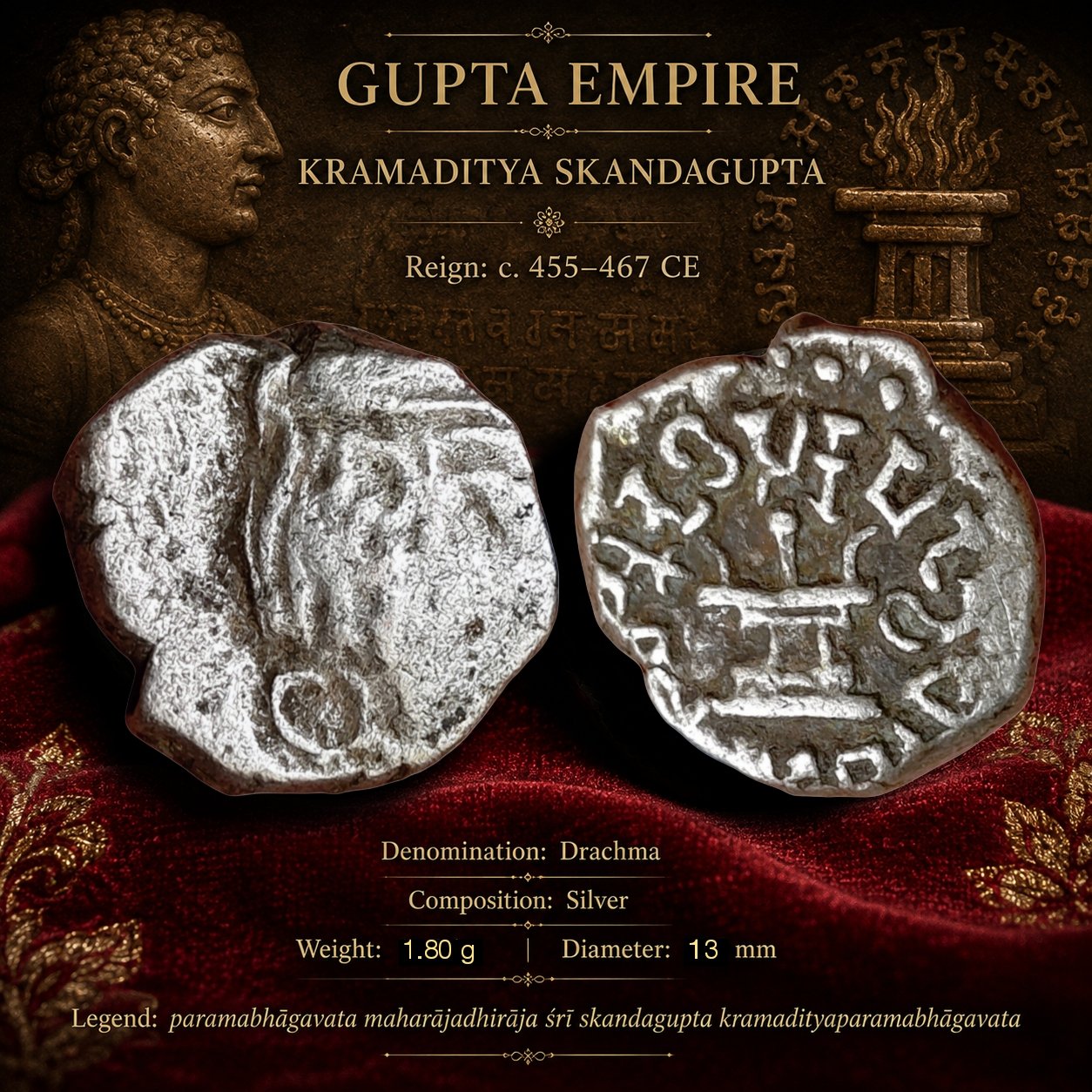 Gupta Empire Kramaditya Skandagupta Fire Altar Type Silver Drachma Coin (3)