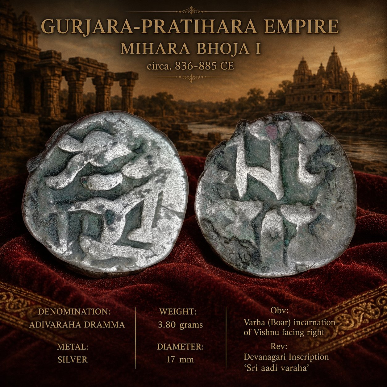 Mihara Bhoja I Gurjara-Pratihara Empire c. 836-885 AD Silver Dramma Coin (3)