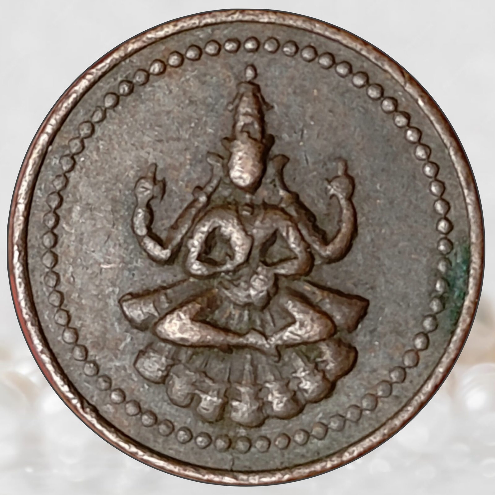 Pudukkottai Princely State Copper 1 Amman Kaasu With Goddess Brihadhambaal seated in posture (1)