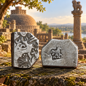 Mauryan Empire Probably Ashoka the Great Period Silver Karshapana Very Rare Double Peacock Punch-Marked Coin